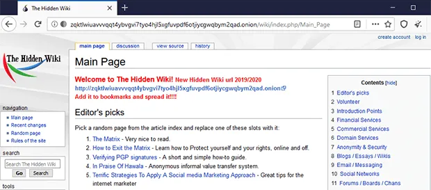 Dark Web Hidden Wiki homepage