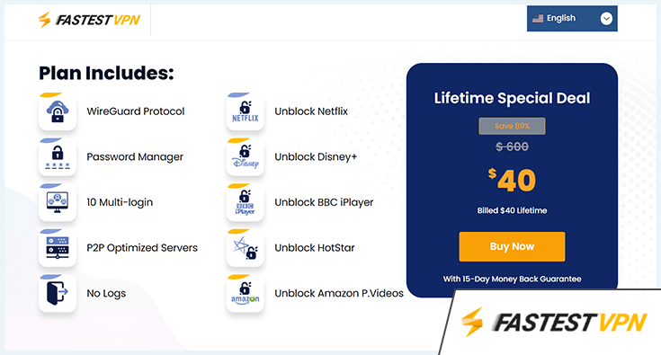 FastestVPN homepage showing you can get a lifetime deal for $40.