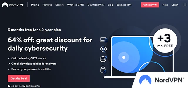Screenshot of NordVPN website homepage with added logo in the corner