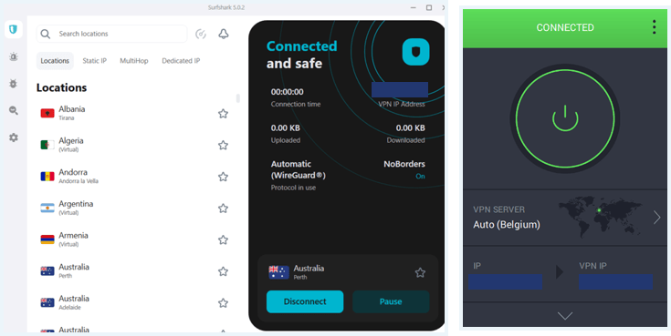 The Surfshark VPN app connected and PIA VPN app connected next to eachother