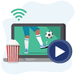 Laptop streaming soccer match, popcorns and play button icon